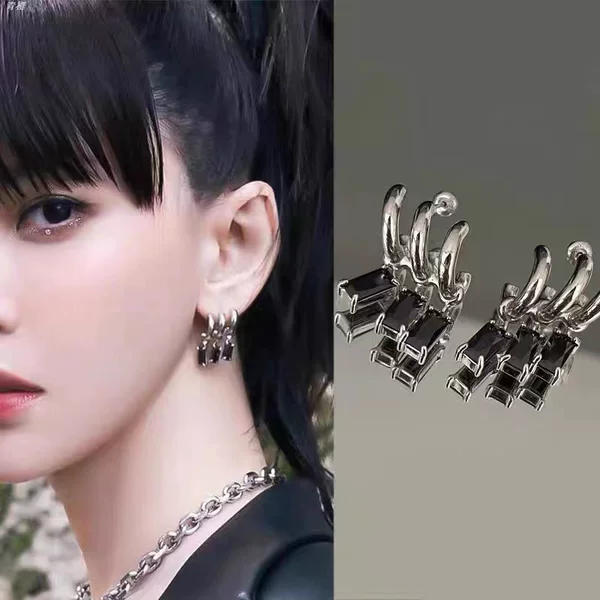 Foreign Trade Hot-Selling Dongdaemun High-End Earrings Geometric Rectangular Zircon Earrings Women's Ins Style Design Earrings