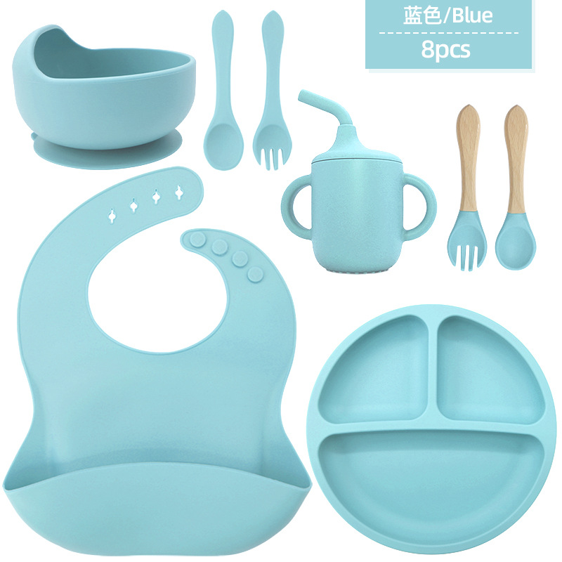 Juego de vajilla de silicona para niños, tazón de alimentos suplementarios, cuchara de silicona para bebé, tazón de silicona, vajilla de silicona, juego de ocho piezas de grado alimenticio