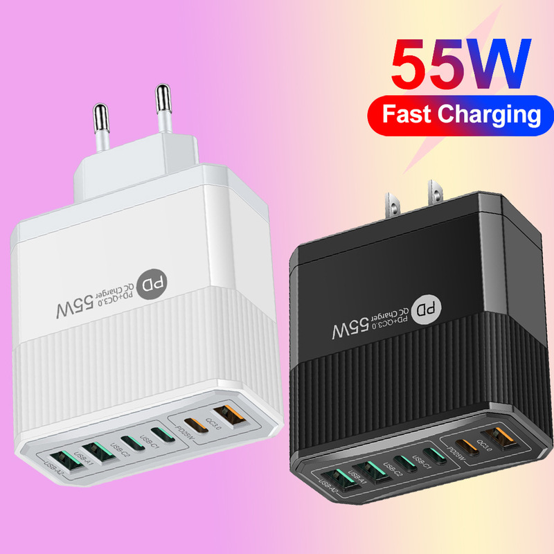 QC3.0 + PD25W fast charging mobile phone charger 3PD + 3USB travel charging head standard PD55W QC3.0 + PD25W fast charging mobile phone charger 3PD + 3USB travel charging head standard PD55W