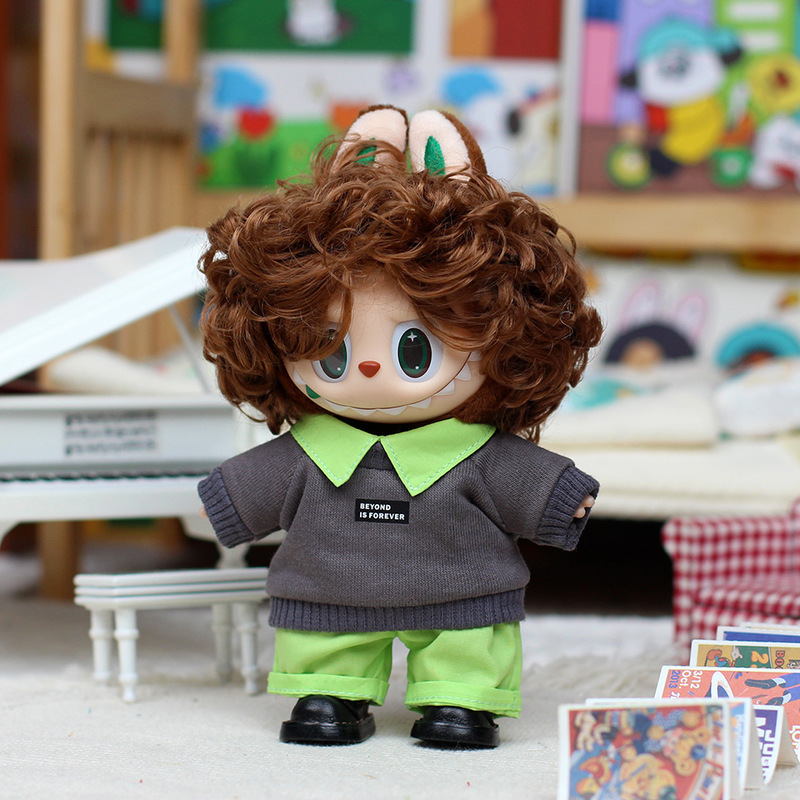 Labubu Retro Barber Shop Series Doll Clothes Olive Sweatshirt 17cm Vinyl Plush Doll Pendant Clothing Replacement