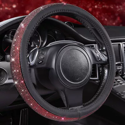 Steering wheel cover – with Inner Ring and Rhinestones - black-and-red-38cm