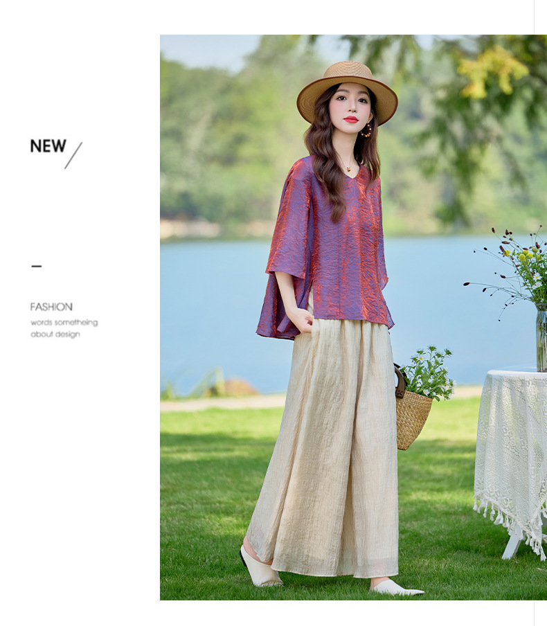 Bộ vest nữ hai mảnh gồm áo sơ mi cổ V và quần ống rộng dáng suông — Màu ảnh chi tiết 14
