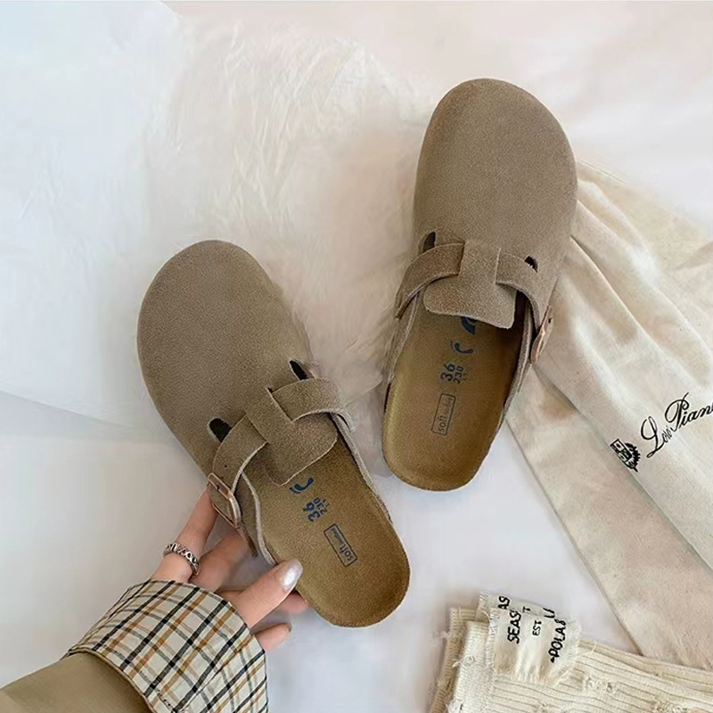Mismo estilo~ Nuevas pantuflas de otoño con punta redonda, de cuero genuino, con hebilla y correa, estilo Birkenstock, de suela gruesa, informales, para mujer
