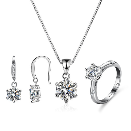 Cross-border hot sale s925 sterling silver ring necklace earrings ring moissanite one carat jewelry three-piece set for women