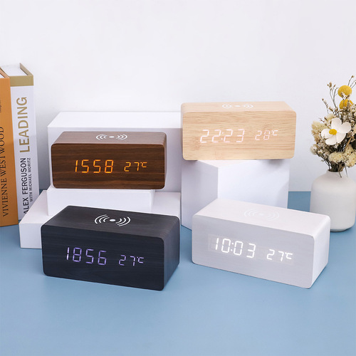 Cross-border smart LED wooden clock digital electronic alarm clock charging clock bedside wireless charging digital wood clock