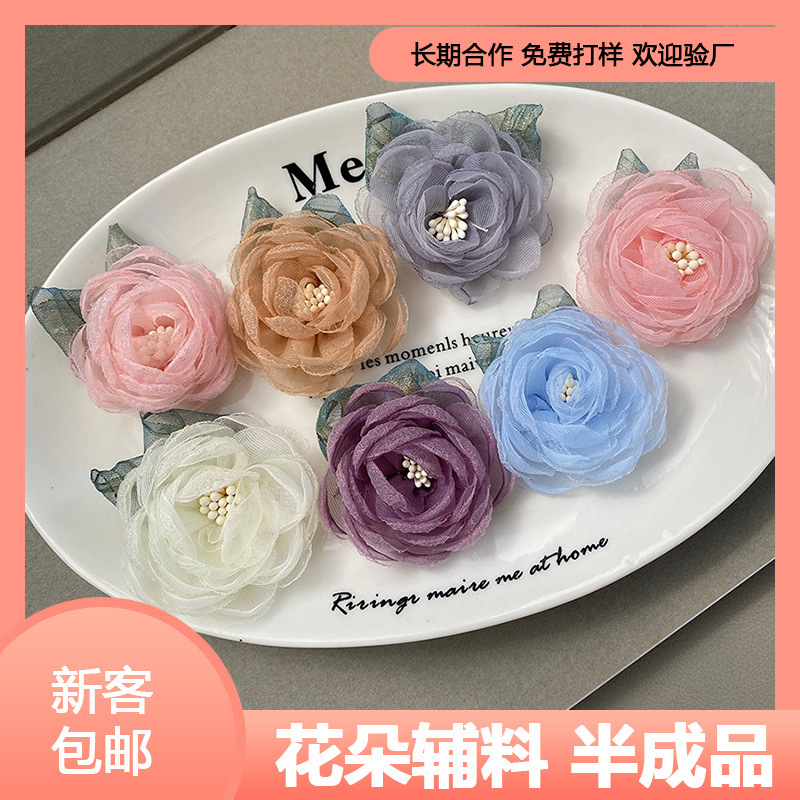 Korean Style Seersucker Burnt Edge Camellia Flower DIY Headwear Hair Accessories Shoes and Hats Skirt Han Dynasty Decorative Flower Accessories