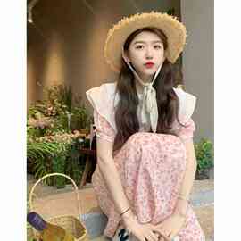 2026年夏季新款韩版甜美荷叶领拼接碎花连衣裙女小清新中长款裙子