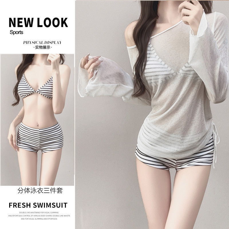 Slightly Chubby Girl's Bikini, Sexy Hottie Style Three-Piece Set, Conservative Slimming Long-Sleeved Cover-Up Swimsuit for Women