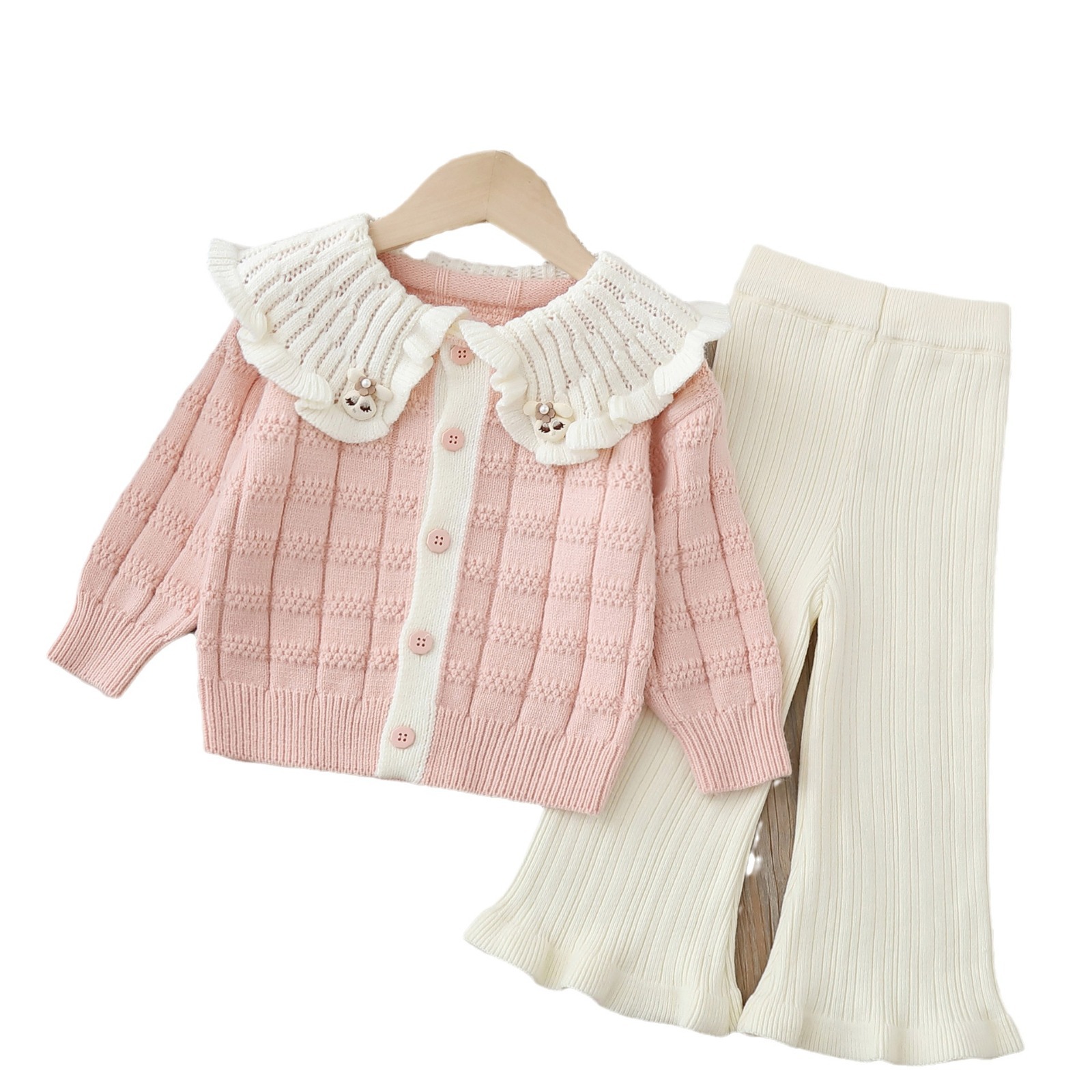 2024 Pullover Zweiteiler Set Strickjacke Herbst/Winter Neue Kollektion Handgemachte Blume Strickjacke mit großem Kragen für kleine Mädchen_voghion.com