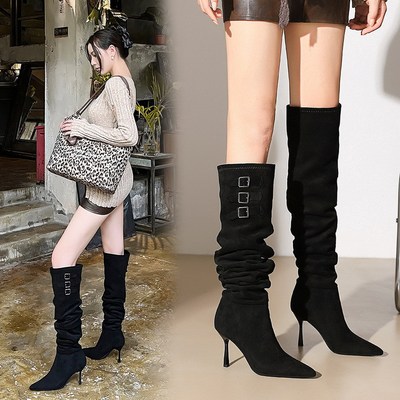 3755-2 European and American Sexy Fashion Women's Boots Pointed Stiletto High Heels Over the Knee Boots High Texture Belt Buckle Decoration Stacked Boots