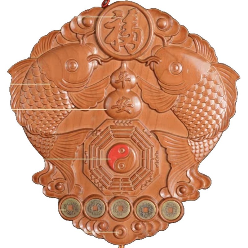 桃木木雕富贵鱼八卦镜双鱼八卦大门对阳台窗户桃木双鱼八卦镜木艺|undefined