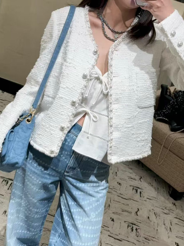 专供南油秋冬时尚新款粗花呢珍珠短外套气质优雅小香风圆领开衫女|undefined