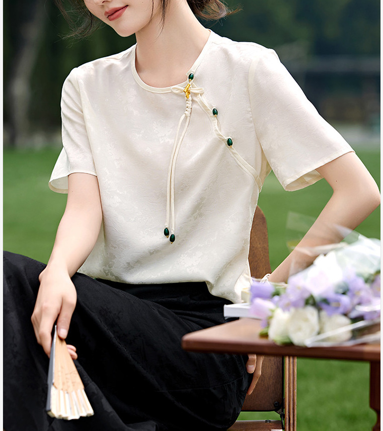 Áo sơ mi nữ satin jacquard phong cách Trung Quốc tay ngắn thanh lịch — màu trắng ngà chi tiết 8