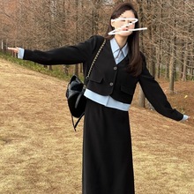 春秋新款韩版拼色衬衫领西装外套半身裙套装两件套