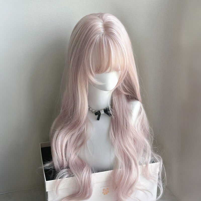 Mingyu Trading Pink Long Curly Hair Wig Full Headgear Sweet and Cute Age-Reducing Style with Bangs