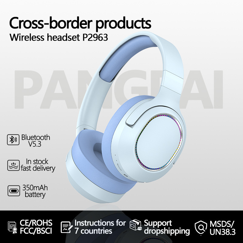 Cross-Border Popular Spot P2963 Luminous Wireless Head-Mounted Bluetooth Subwoofer All-In-Ear Sports Headset Direct Sale