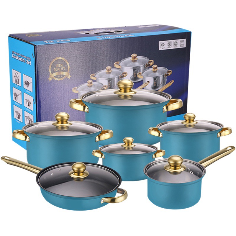 Conjunto transfronterizo de exportación de ollas de acero inoxidable brillante antiadherente 18 piezas conjunto de mangos dorados conjunto de ollas Stainless
