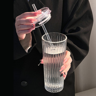 Ins Style Cup, High-Looking Juice Universal Water Cup, Large-Capacity Straw Cup, Office Accessible Luxury Vertical Pattern Glass Cup