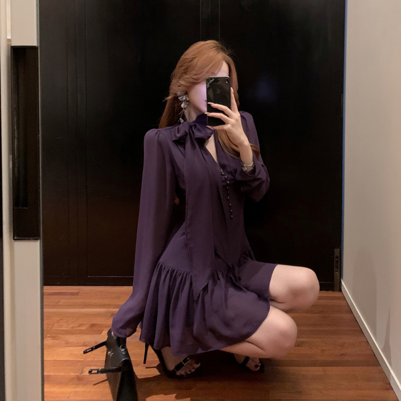 Purple V-neck Long-sleeved Chiffon dress Women's Early Autumn Slim-fit Elegant Short Skirt Royal Sister Light Mature Wind Tight Waist A- line Skirt