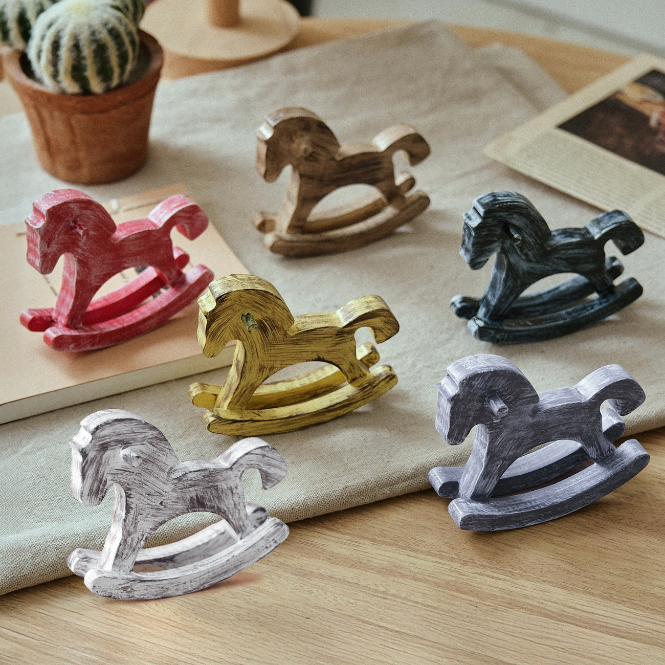 Creative Painted Wooden Rocking Horse Home Bedroom Study Decoration Office Desktop Ornament Small Wooden Horse Model
