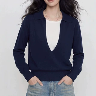 Basic House/百家好藏蓝色翻领假两件含羊毛长袖针织衫女秋季新款