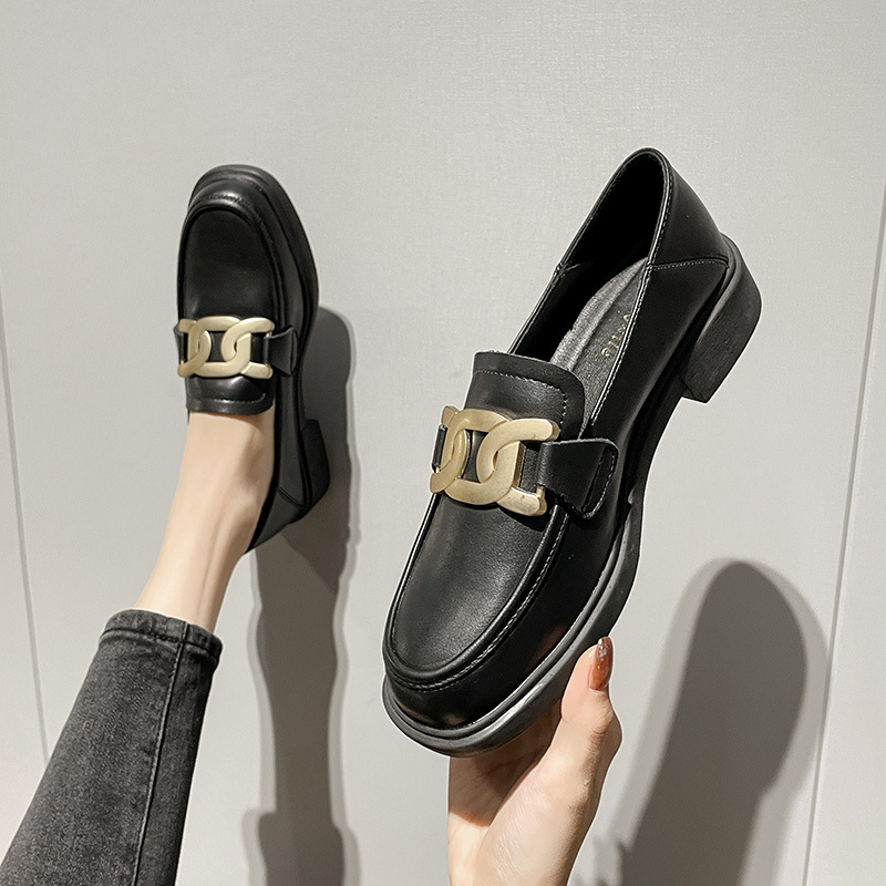 Genuine Leather Small Leather Shoes,College British Style JKLeather Shoes,Spring Single Shoes For Women,Black Thick-soled Loafers