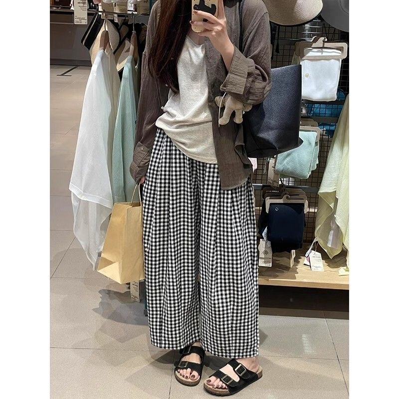 Cotton Black and White Plaid Pants Large Size Fat mm Wide Leg Casual Pants for Small People Plaid Breathable Lazy Relaxed Pants