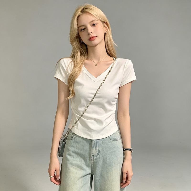 Summer 2026 New V-Neck Short-Sleeve T-Shirt for Women, Korean Style Slim Fit, Petite Short Pleated Waist-Cinching Top, Trendy Summer 2026 New V-Neck Short-Sleeve T-Shirt for Women, Korean Style Slim Fit, Petite Short Pleated Waist-Cinching Top, Trendy