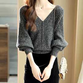 复古气质蝙蝠廓形针织衫女春秋款宽松外穿慵懒软糯v领毛衣打底衫