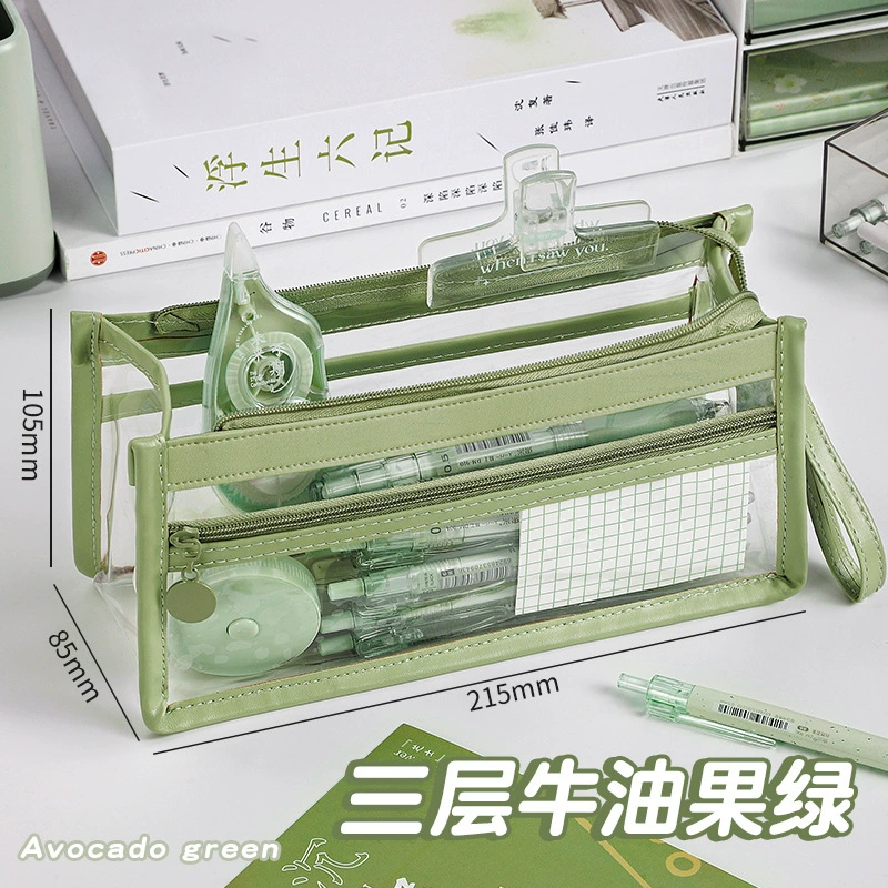 Capacious Clear Pencil Case, Three-Layer PU Trim, 80-Pen Capacity, Wrist Strap