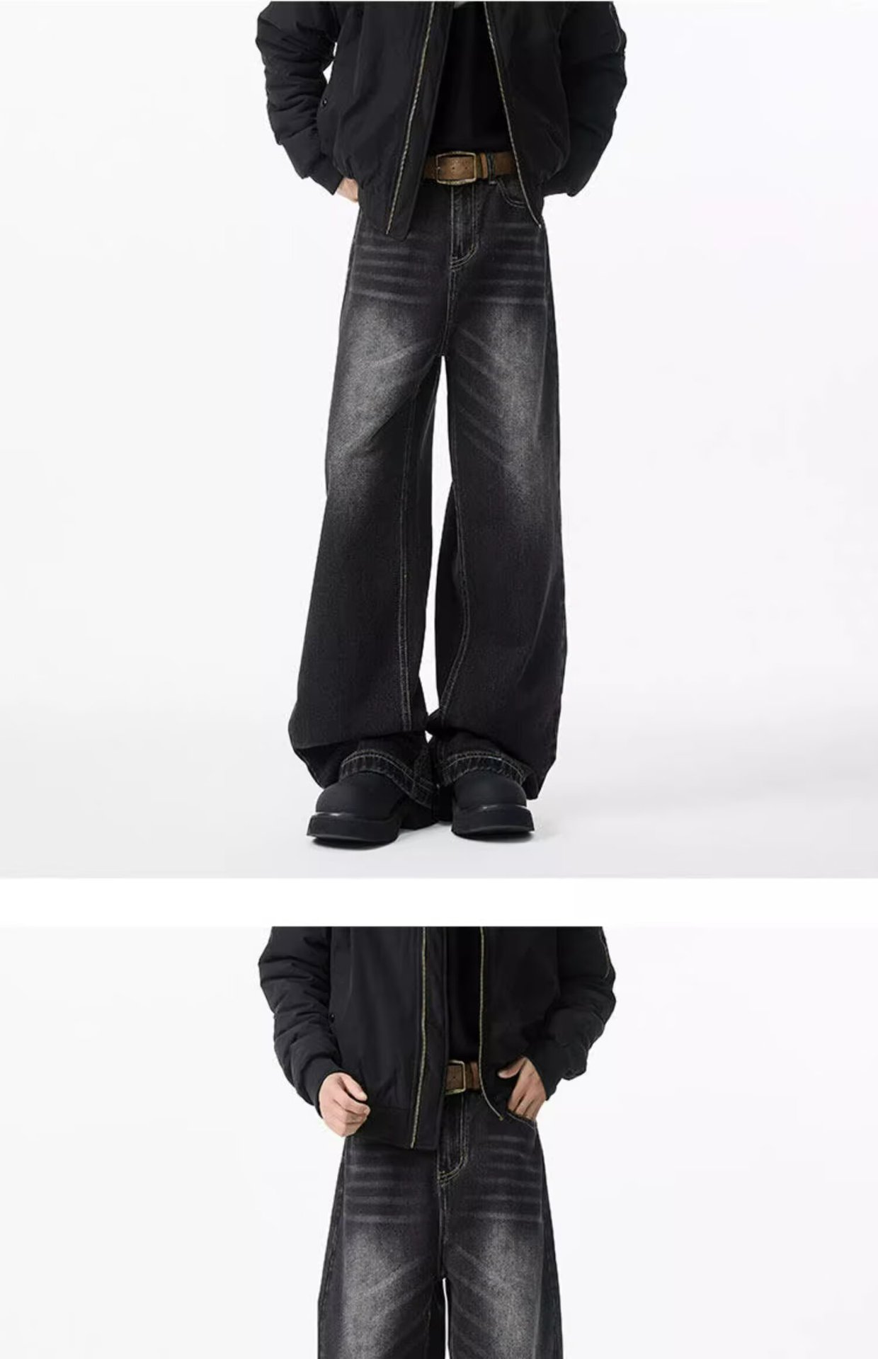 Men's Vintage Washed Denim Jeans Slightly Flared Wide-Leg Cat Whisker Detailing High-Street Style Cleanfit Black Blue (S-3XL)_mkmklike.com