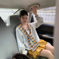 花灰色条纹披肩卫衣女春秋2025秋季新款假两件V领宽松无帽上衣潮
