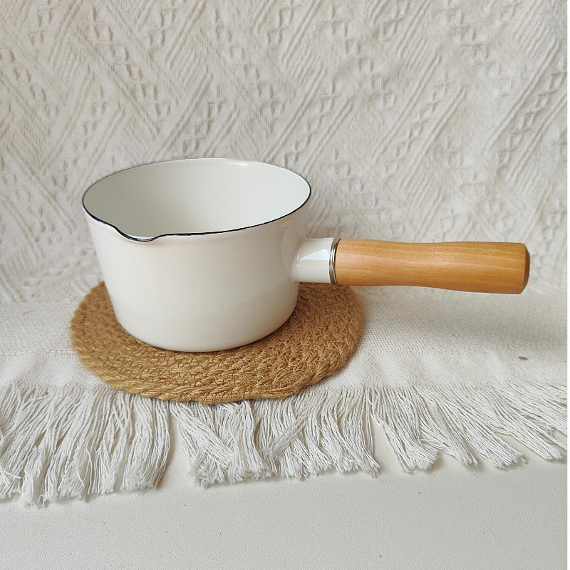 Thickened Enamel Milk Pot Japanese-Style Single-Handle Instant Noodle Pot Soup Pot Baby Food Supplement Pot Milk Pot Flat-Bottomed Wooden Handle Double Spout Pot