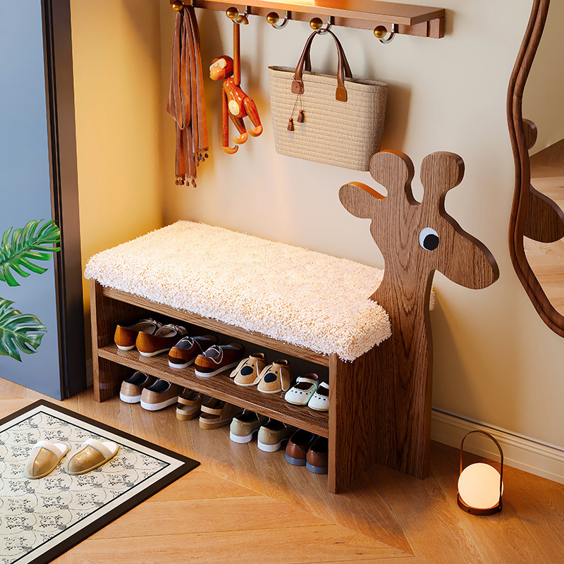 Taburete de cambio de zapatos de madera maciza en la puerta, taburete de zapatos lindo y creativo en casa