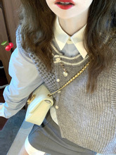 灰色不规则针织马甲女秋冬季叠穿配衬衫毛衣开衫背心设计感两件套