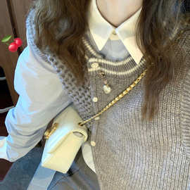 灰色不规则针织马甲女秋冬季叠穿配衬衫毛衣开衫背心设计感两件套