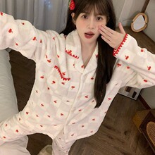 棋盘格小樱桃法兰绒睡衣女秋冬季加厚加绒甜美少女家居服套装冬