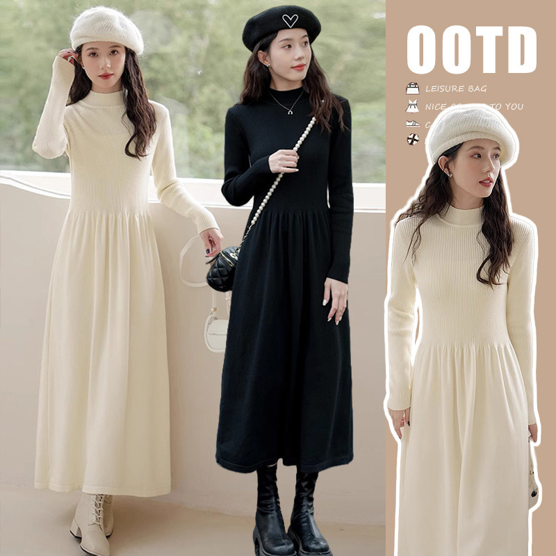 2024 New Inclusive Giant Good Maternity Dress Half-high Collar All-match Slimming Knitted Elegant Autumn and Winter Base Skirt for Women