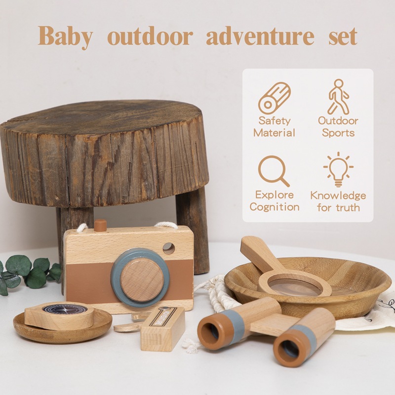 Juego de aventuras al aire libre divertido para niños, brújula de madera, lupa, cámara, educación temprana, juguetes cognitivos