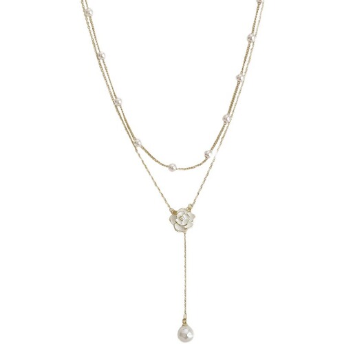 Double Pearl Camellia Necklace for Women, Summer Minimalist Design, Light Luxury, High-End Sensation, Choker with Tassels, Locking Bone Chain Accessory