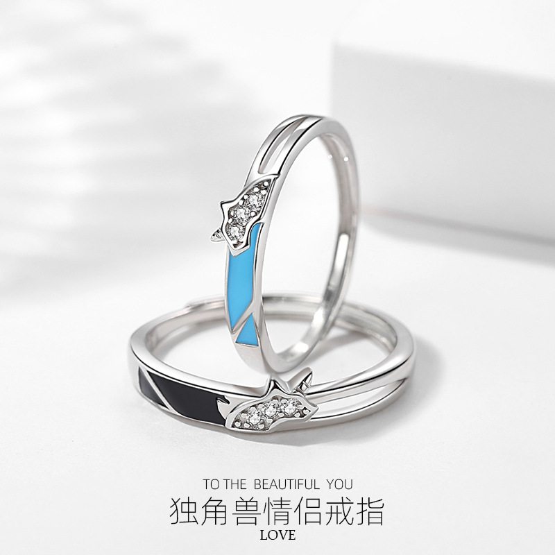 Plata esterlina s925 animal unicornio pareja anillo nicho estilo japonés y coreano diseño creativo anillo abierto boca par
