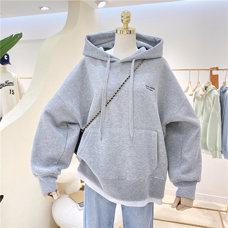 European and American Sweatshirt Women's fleece-lined Thickened 2024 Autumn and Winter New Stitching Fake Two Korean Embroidered Loose Hooded Jacket