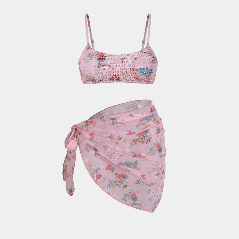 Women's Split Bikini Three-piece Swimsuit Floral Beach Wrap Set_voghion.com