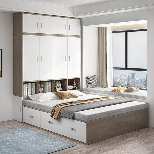 Tatami Wardrobe Bed Multi-functional Children's Bed Wardrobe Combination Household Simple Cloakroom Solid Wooden Bed Cabinet Integrated Bed