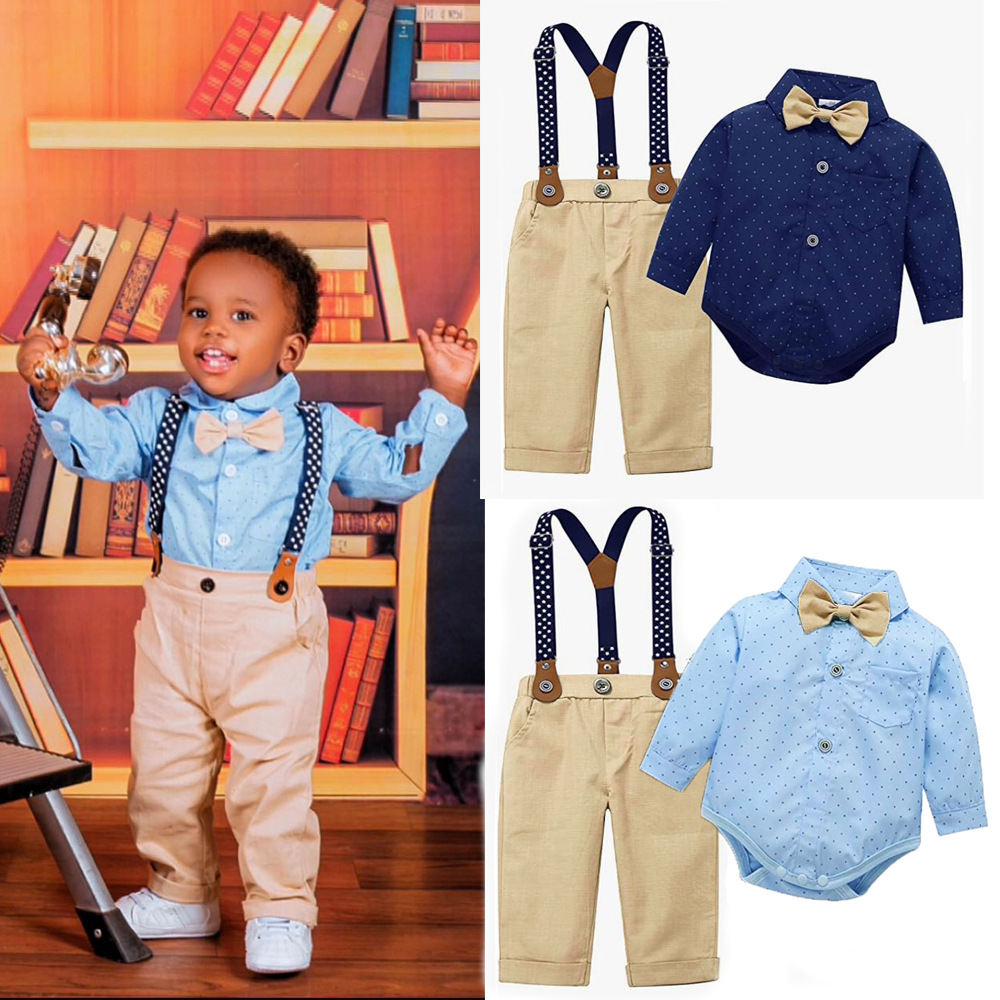 In stock cross-border children's spring and autumn long-sleeved romper trousers suspender children's clothing boys' baby bow tie fashion gentleman children's clothing