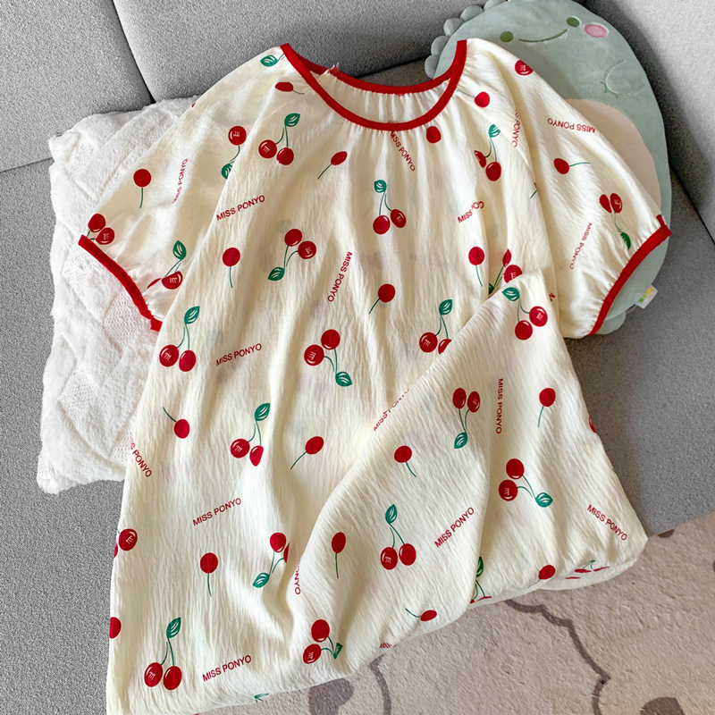 Camisón de gasa de algodón puro pijamas de manga corta para mujer falda larga de verano lindo cachorro niña estudiante ropa de hogar ropa exterior de verano