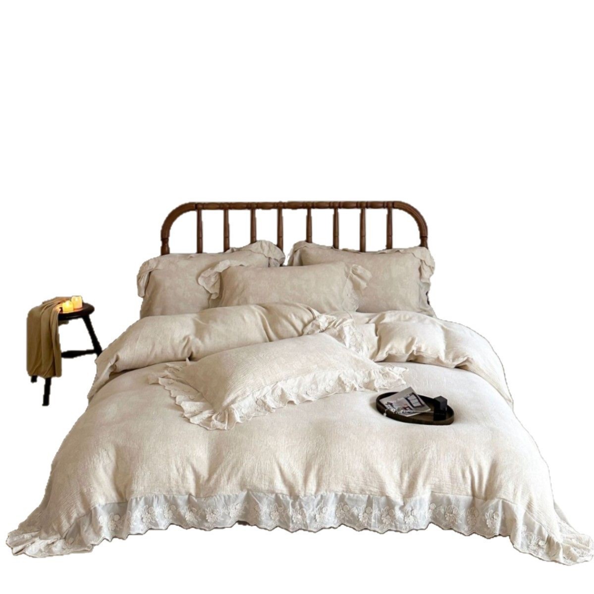 Parure de lit avec dentelle, style français coton et lin_voghion.com