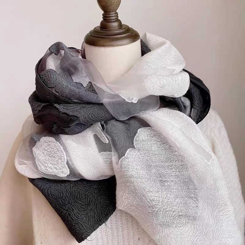 23 Spring, Autumn and Winter Black and White Two-Color Gradient Cotton and Linen Long Scarf Gauze Rose Cut Out Silk Cotton Blended Batch Two-Color