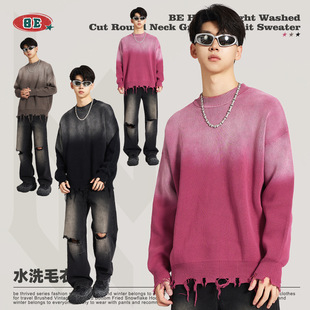 Be Men's Clothing 2025 Autumn and Winter American Retro Trendy Brand Washed Cut Round Neck Gradient Couple Knitted Top Sweater Men
