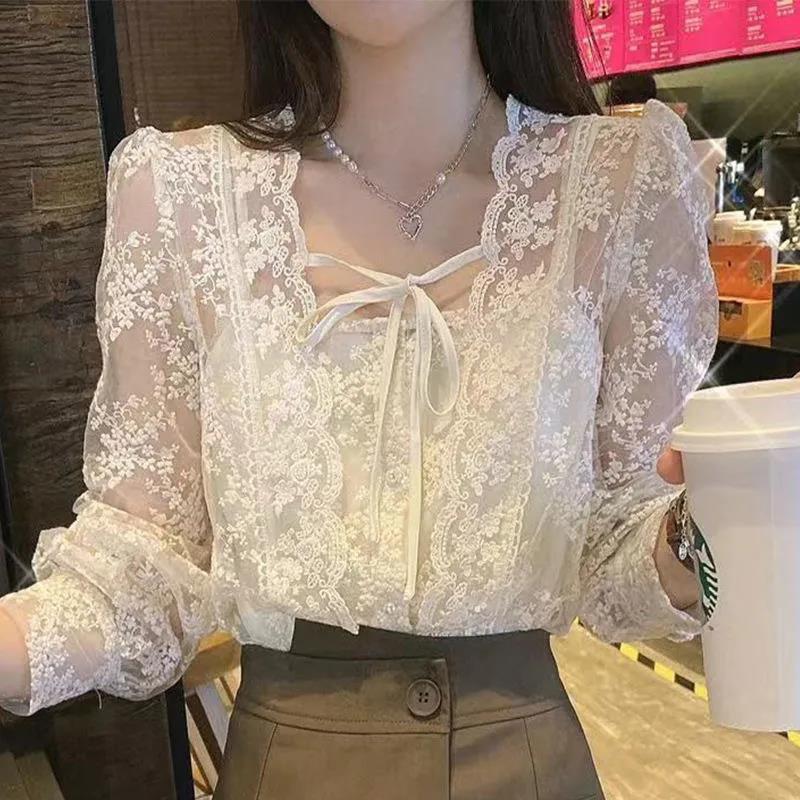 韩版早秋新款系绳蕾丝小上衣搭配吊带温柔减龄韩系风上衣女潮|undefined
